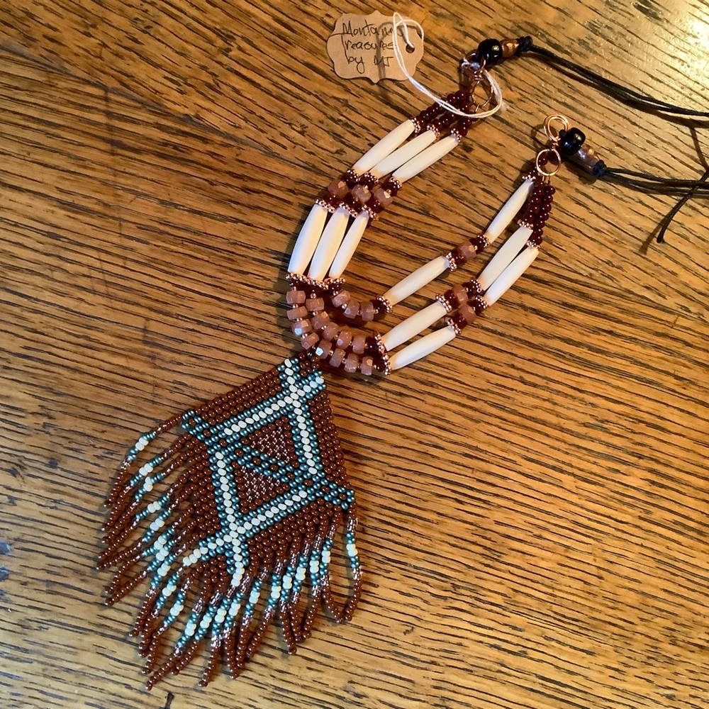 Sunstone hairpipe tribal choker fringed necklace with handmade beaded pendant